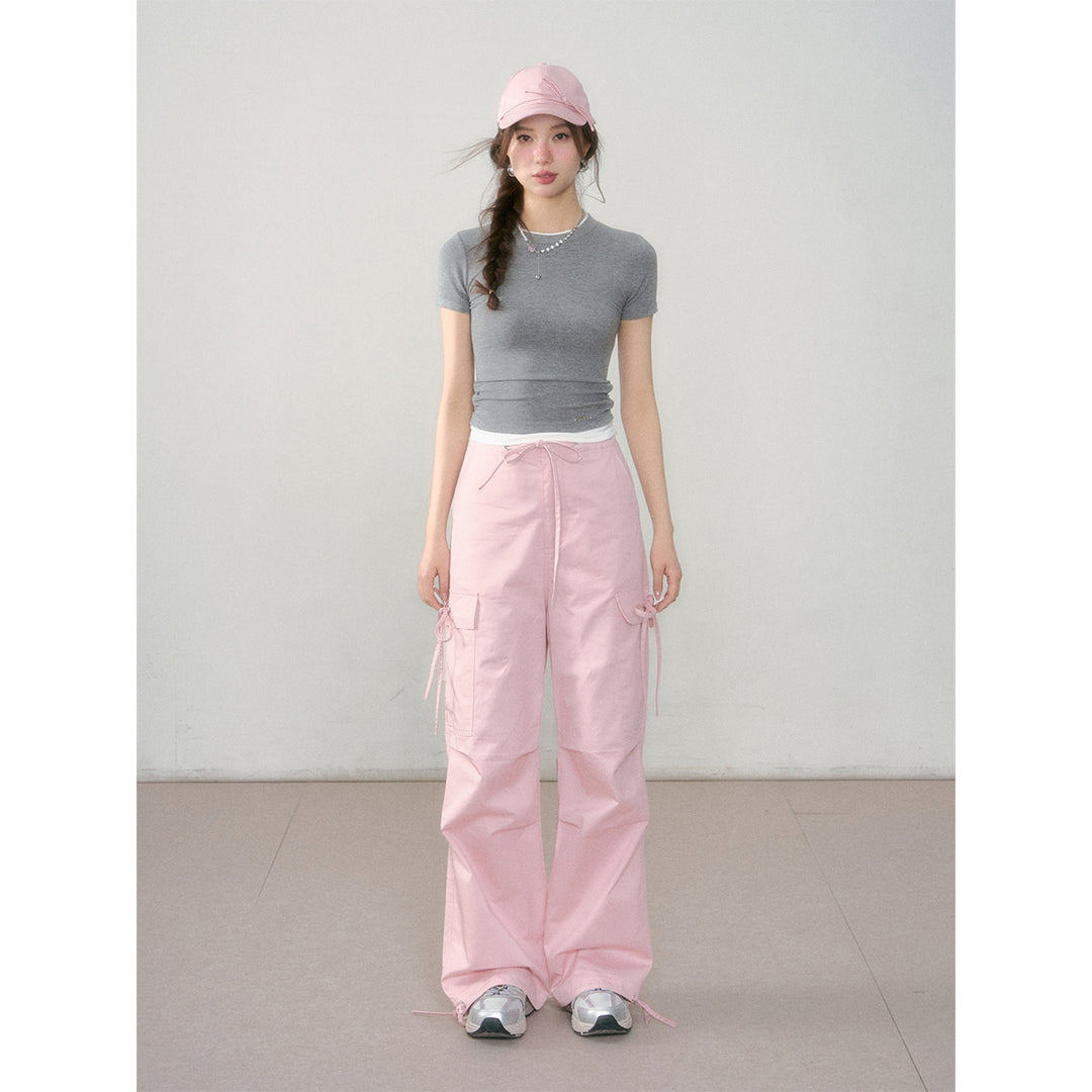 AsGony Thin Loose Straight Wide-Leg Cargo Pants Pink
