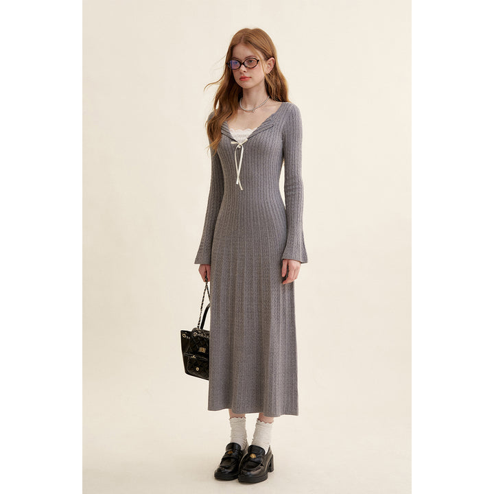 Kroche Fake-2-Piece Lace Edge Thicken Knit Long Dress Gray