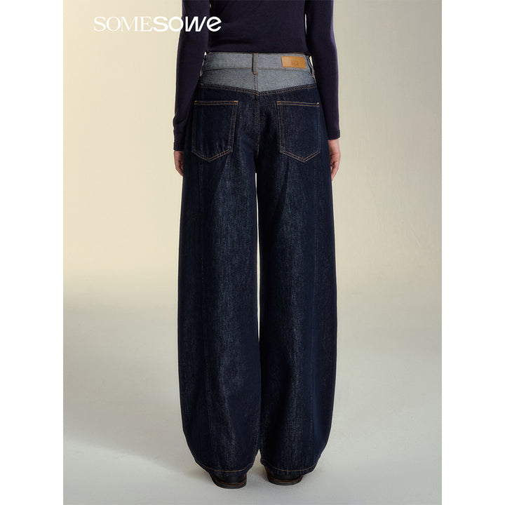 SomeSowe Color Blocked Casual Denim Pants Dark Blue