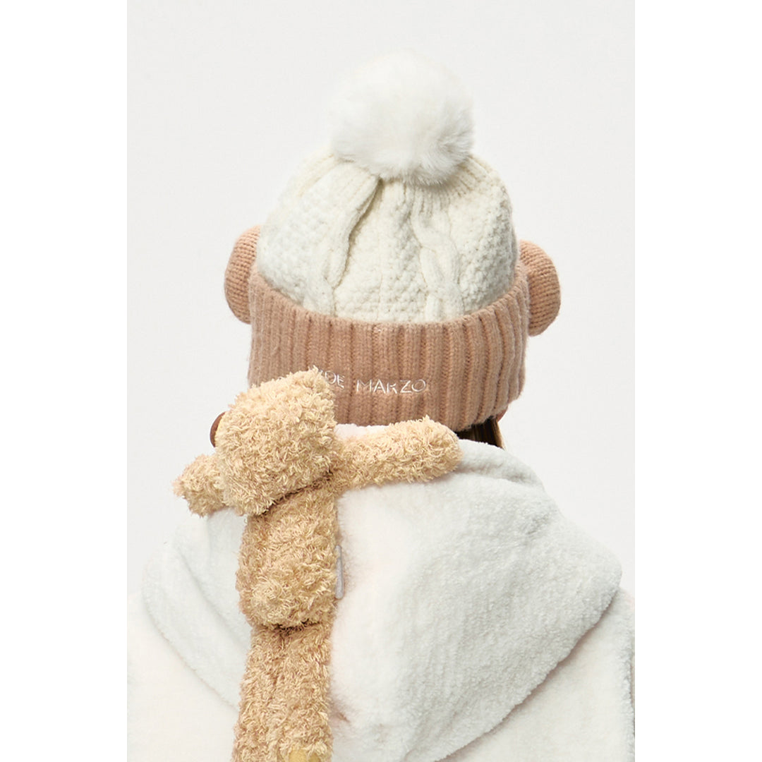 13De Marzo Bear Fuzzy Snowball Knit Beanie Beige