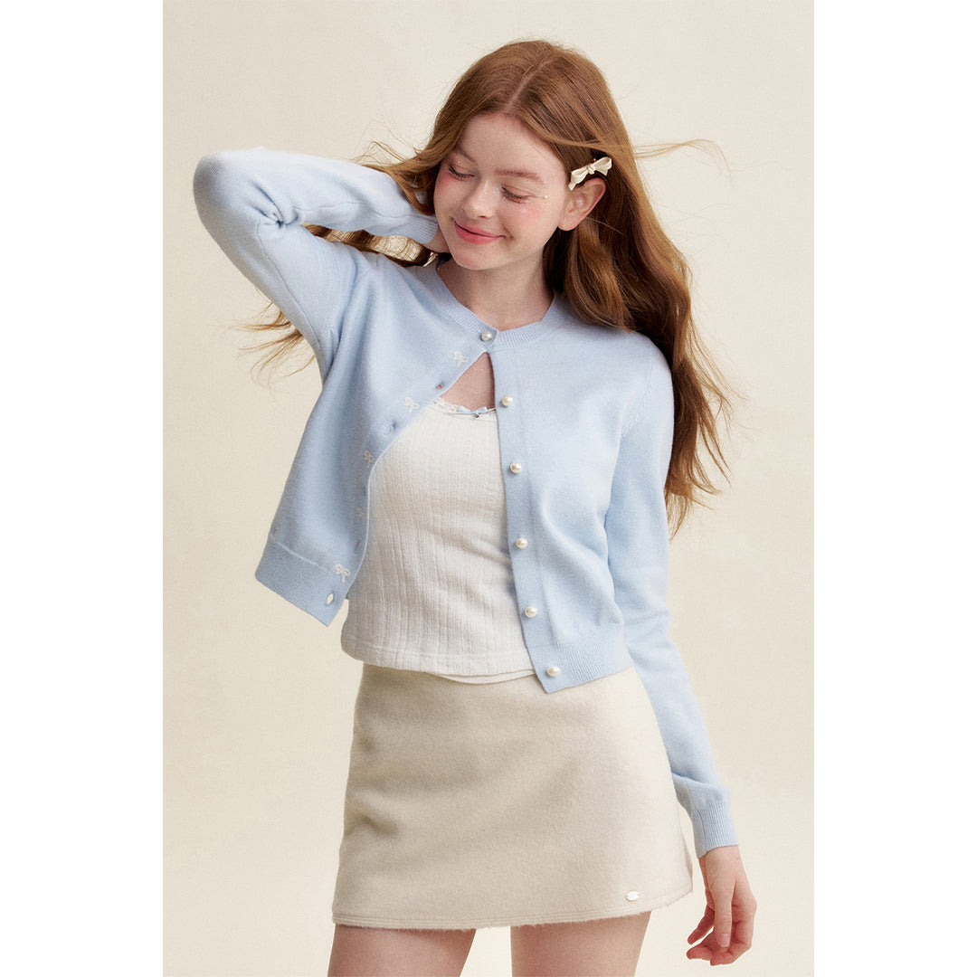 Kroche ﻿Bow Embroidery Pearl Button Knit Cardigan Blue