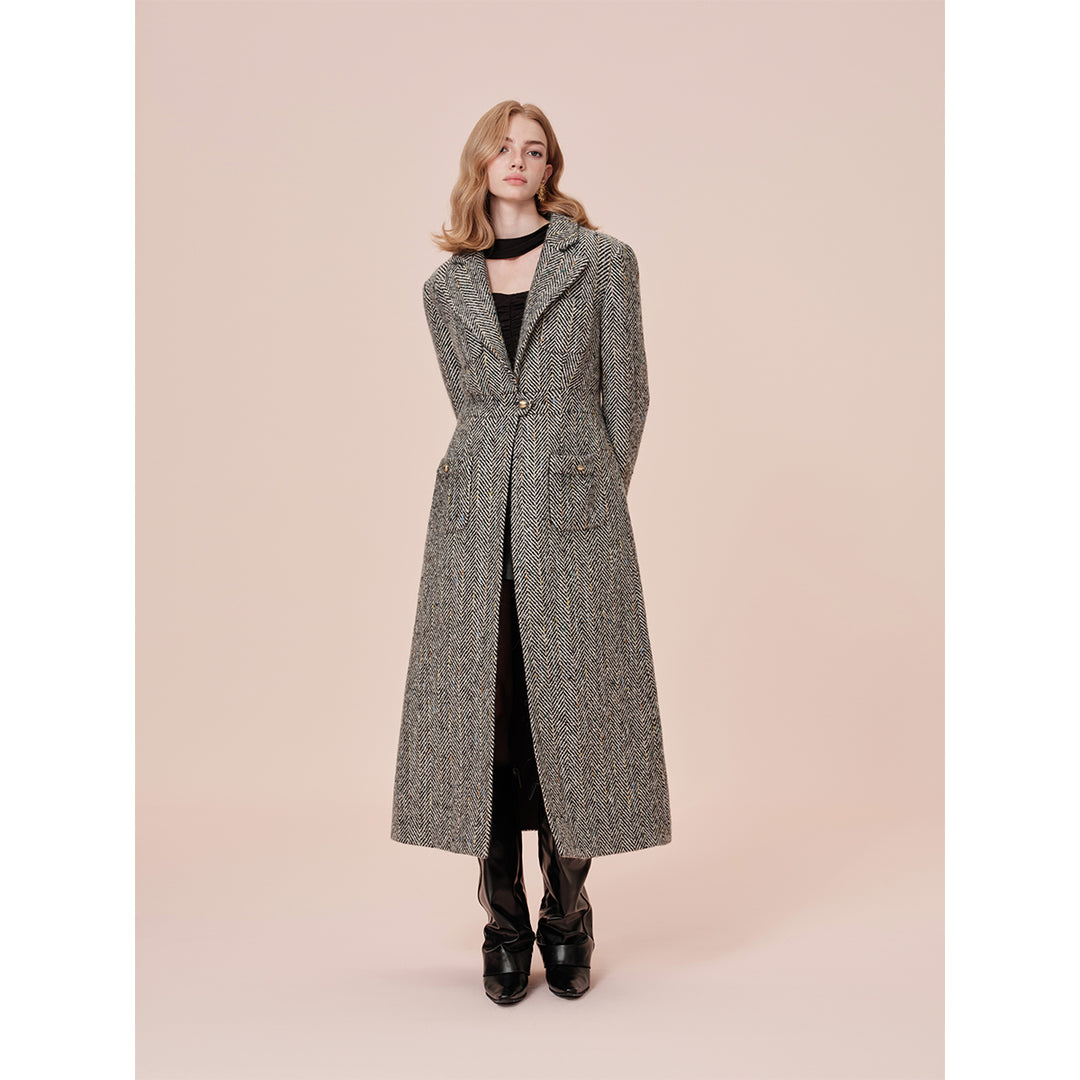 Rocha Roma Colored Dots Plaid Lapel Tweed Long Coat