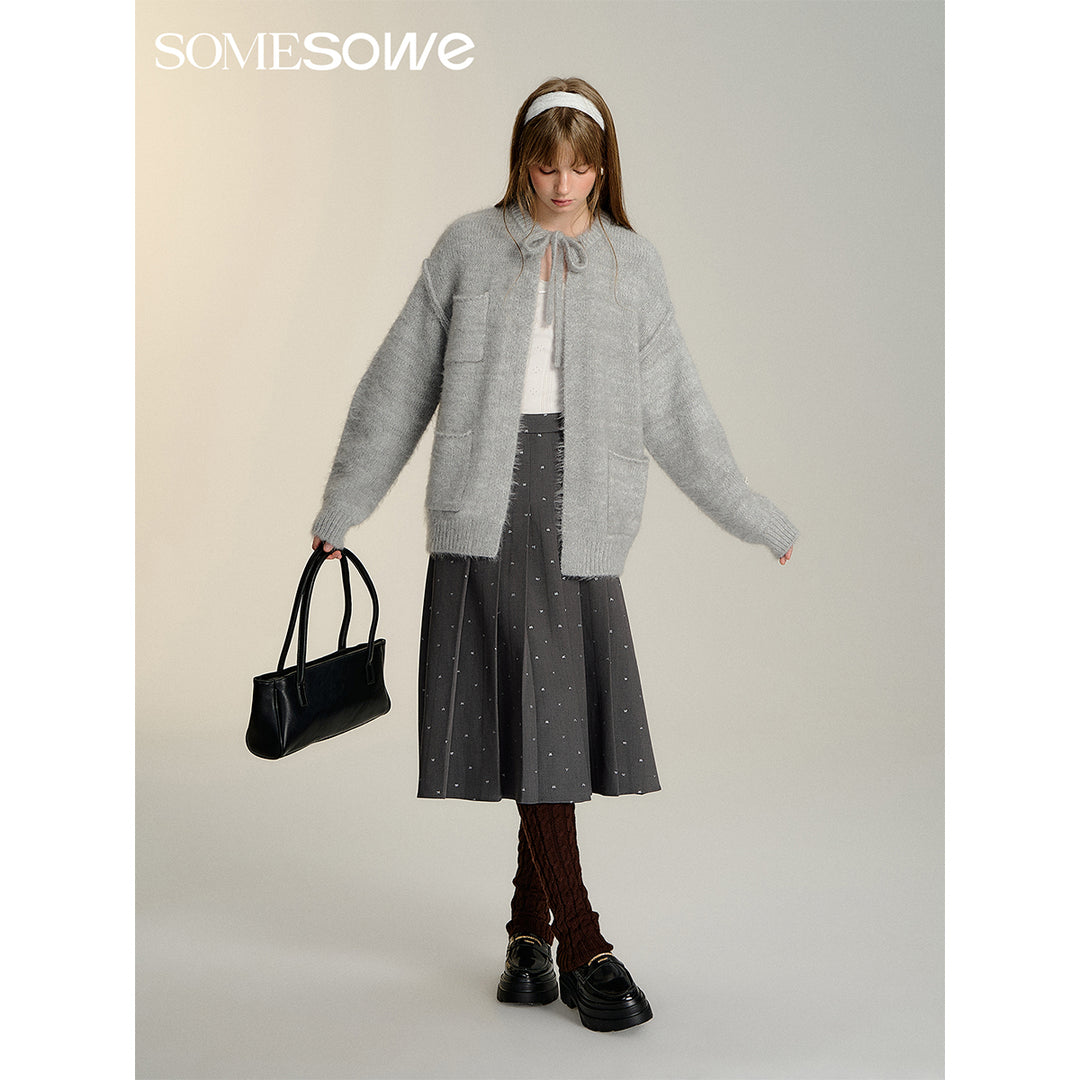 SomeSowe Silhouette Lace Up Furry Cardigan Gray