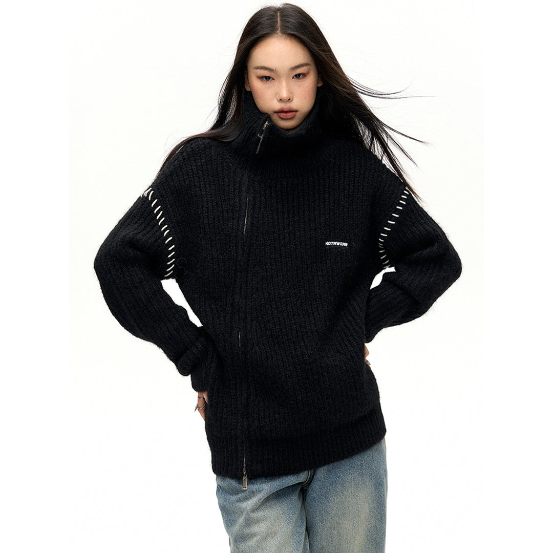 NotAwear Color Blocked Drawstring Zipper Knit Sweater Black - Mores Studio