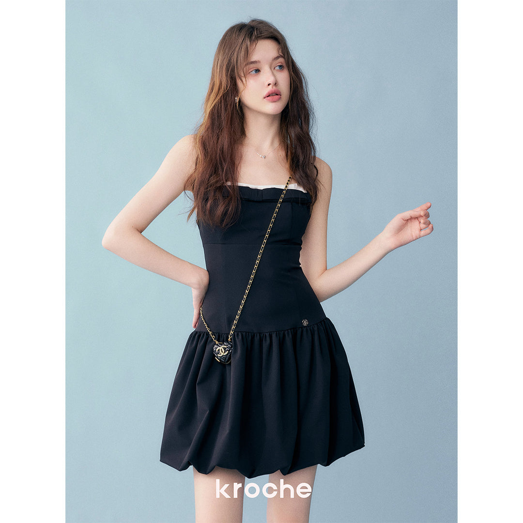 Kroche Color Blocked Bow Patchwork Bud Dress Black