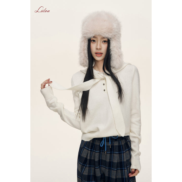 Liilou Shawl Hooded Woolen Knit Sweater White