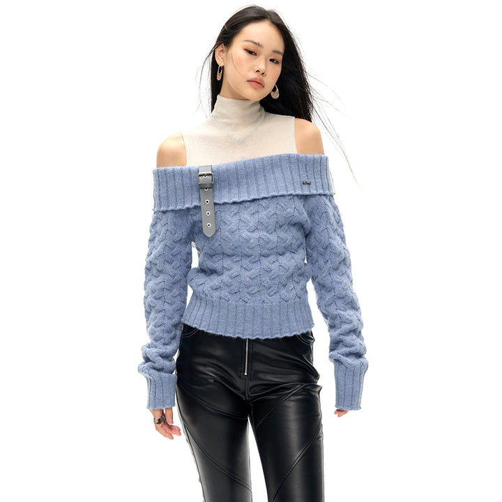 NotAwear Detachable Belt Off-Shoulder Knit Top Blue - Mores Studio