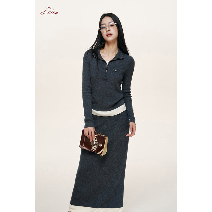 Liilou Merino Woolen Fake-2-Piece Knit Long Skirt Dark Gray