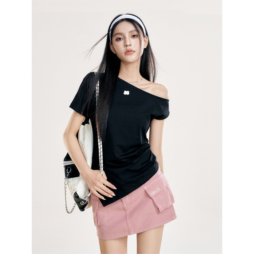 Liilou Diagonal Off-Shoulder Irregular Top Black