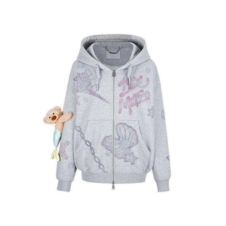 13De Marzo Plush Bear Graffiti Zip Up Hoodie Gray