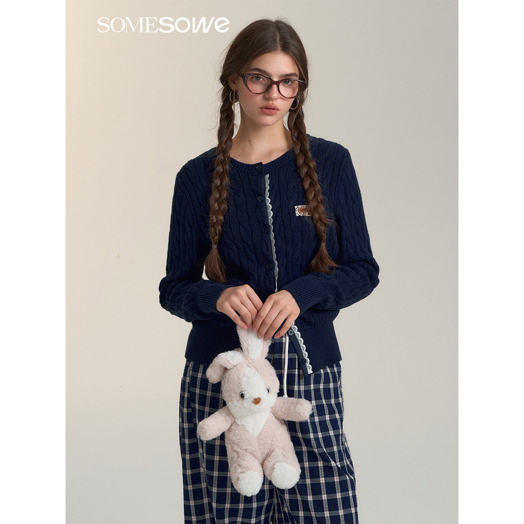 SomeSowe Lace Patchwork Twist Knit Cardigan Navy Blue