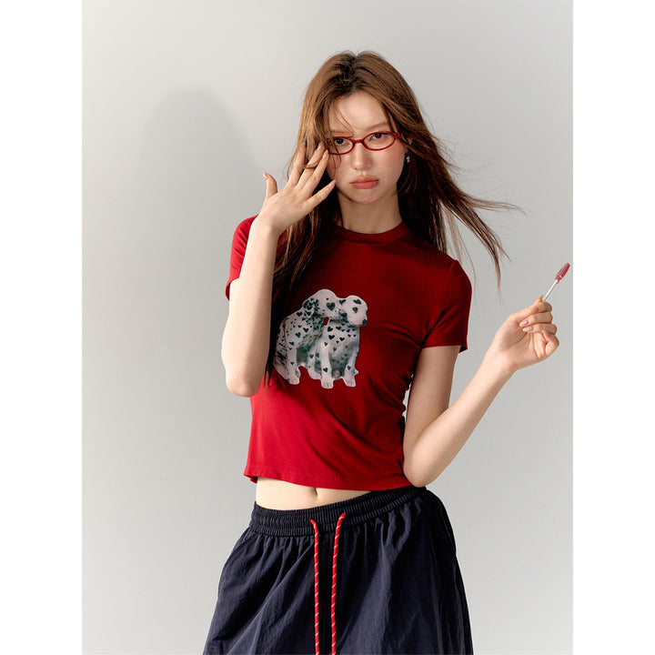 AsGony Printed Spotted Puppy Slim T-Shirt Red