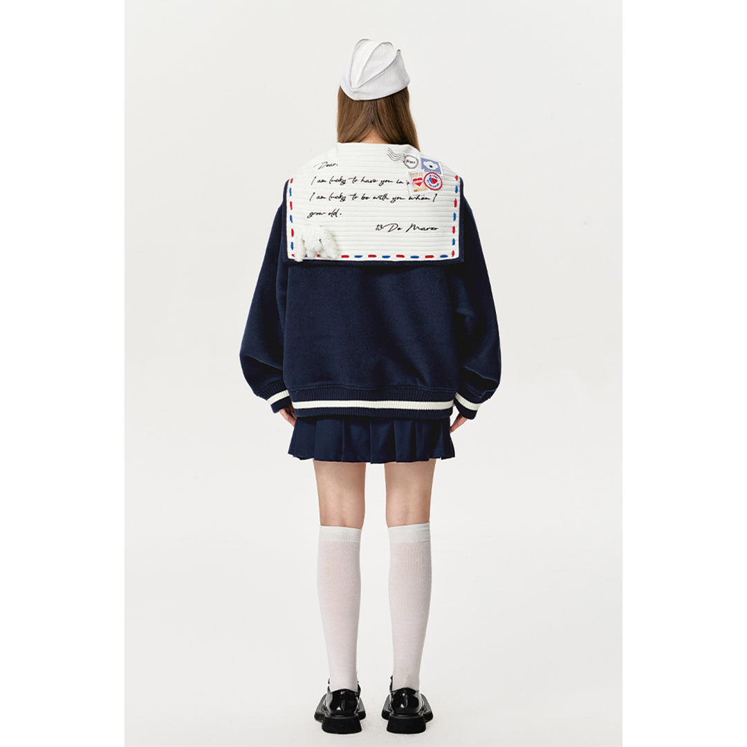 13De Marzo Sailor Collar Love Letter Baseball Jacket Navy Blue