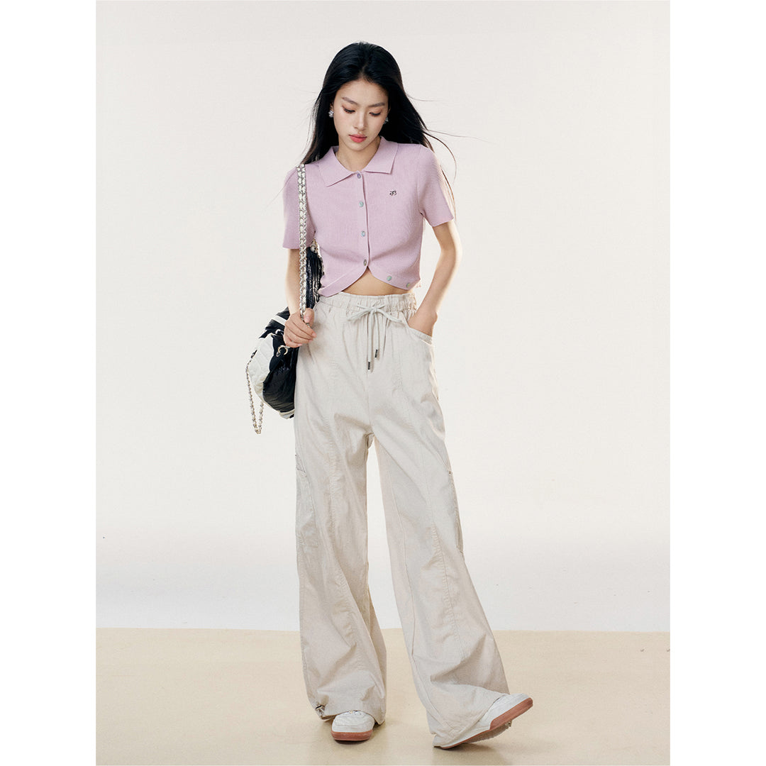 Liilou Drawstring Lace-Up Wide-Leg Cargo Pants Apricot