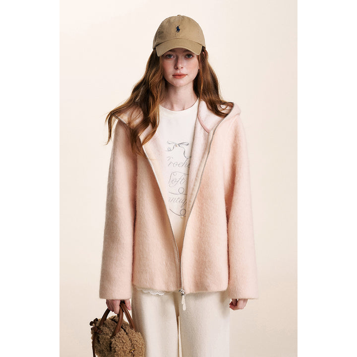 Kroche Double Zipper Tweed Warm Jacket Pink