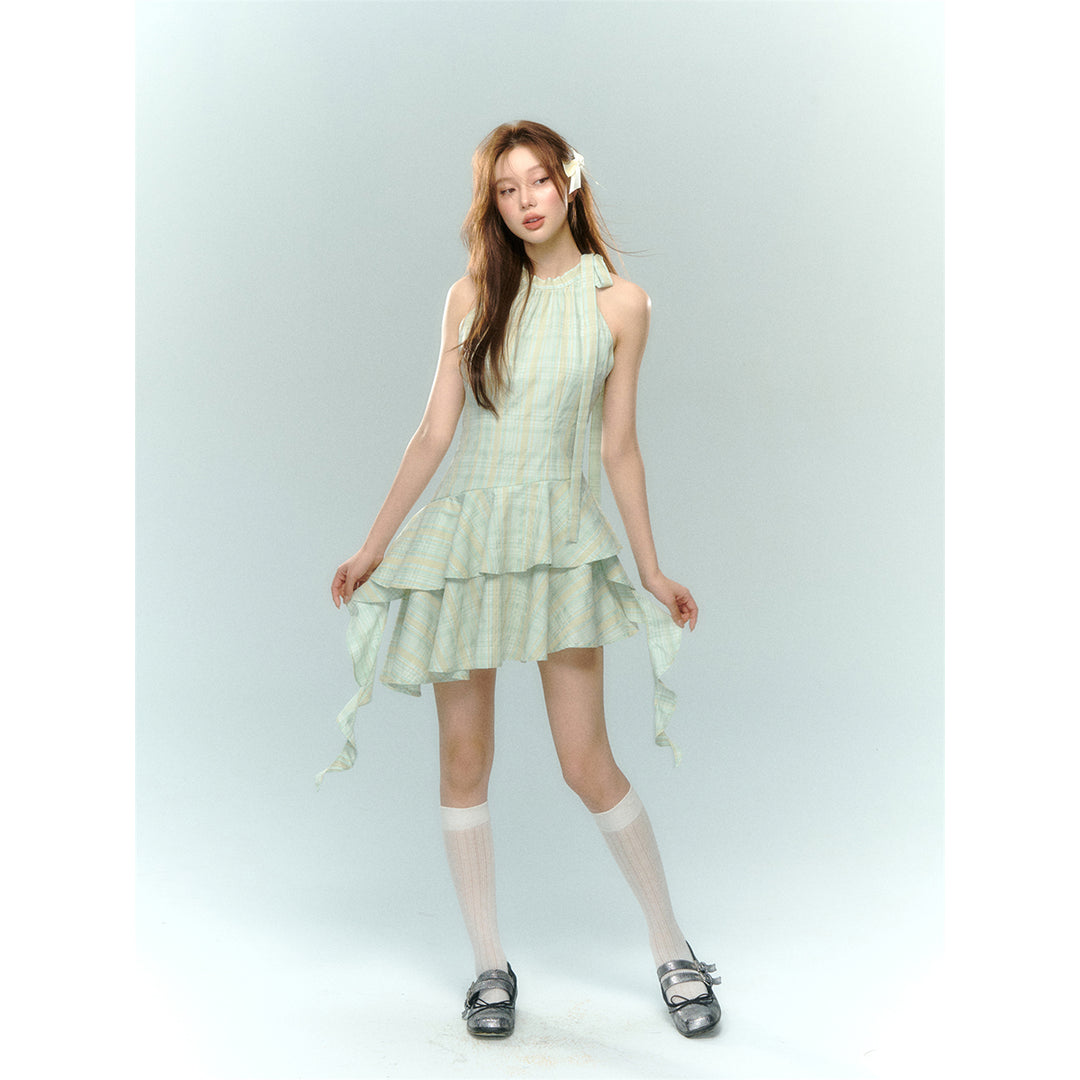 AsGony Bow Tie Ribbon Ruffled Plaid Halter Dress Green