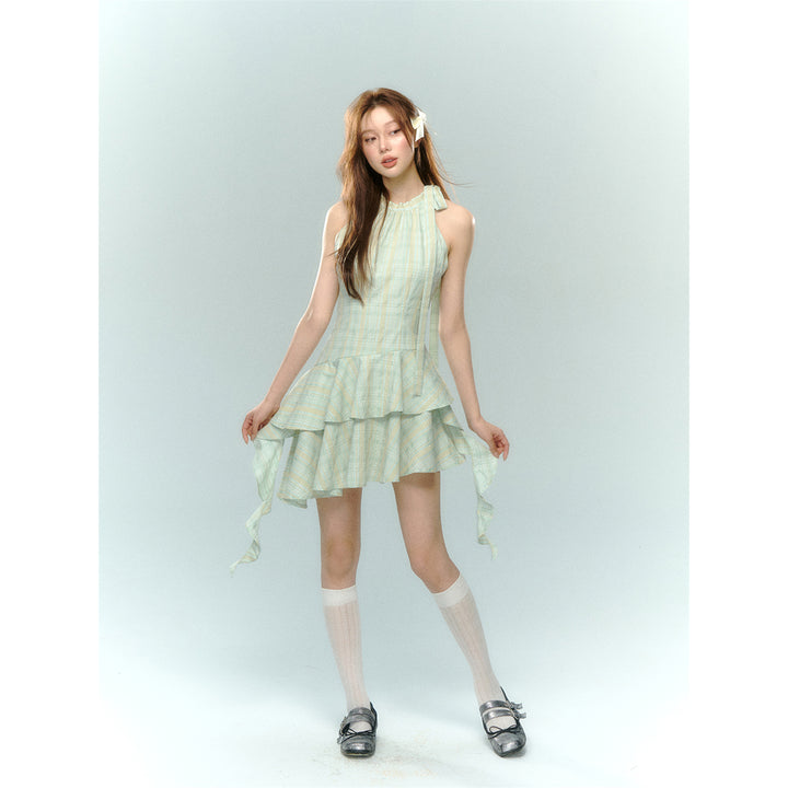 AsGony Bow Tie Ribbon Ruffled Plaid Halter Dress Green