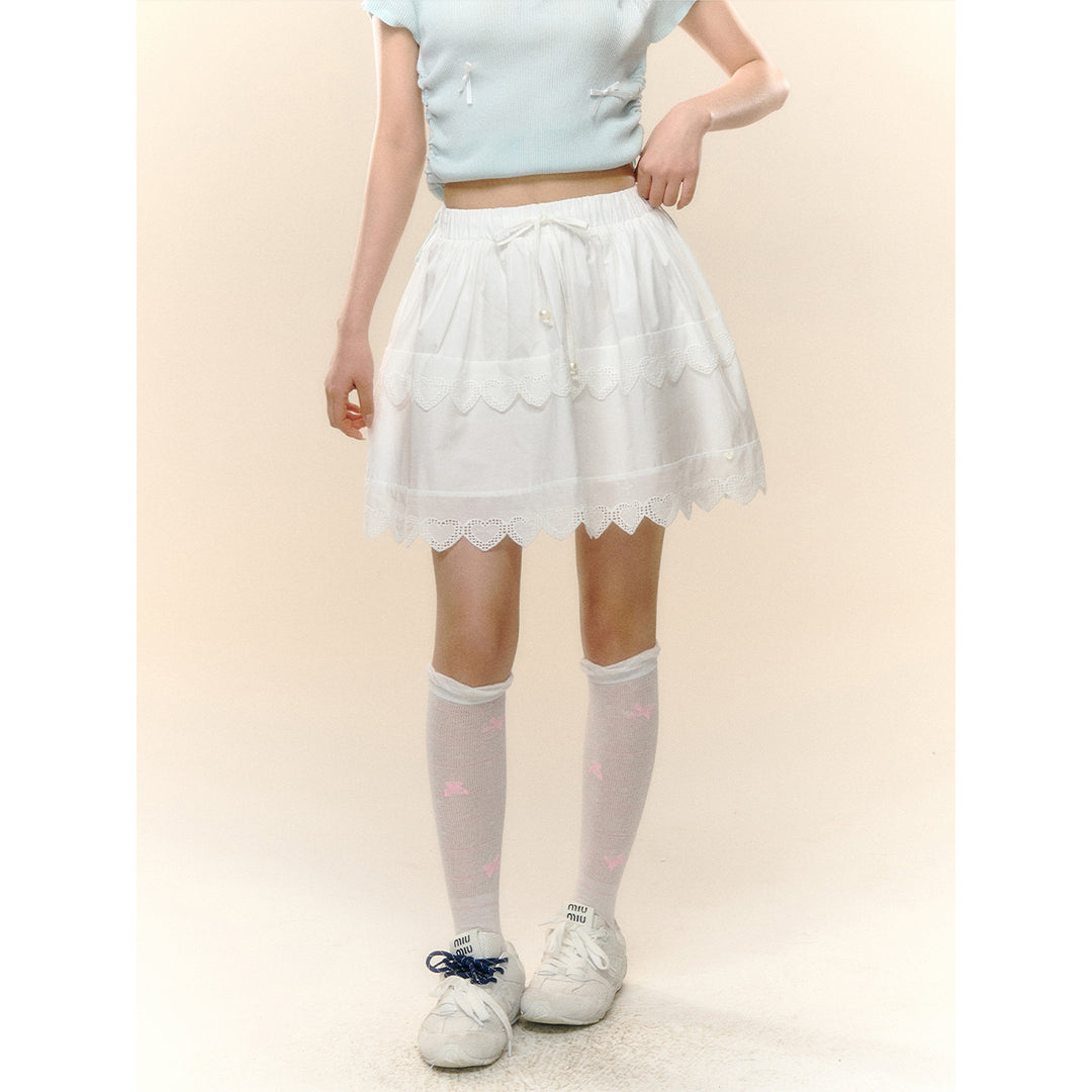 AsGony Lace Patchwork Bow Tie Elastic-Waist Skirt White