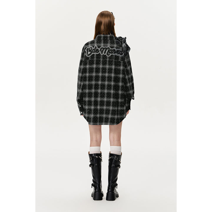 13De Marzo Bear Sparkly Drill Plaid Shirt Black