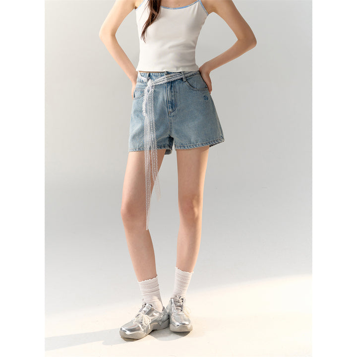 AsGony Bow Tie Embroidered Denim Shorts