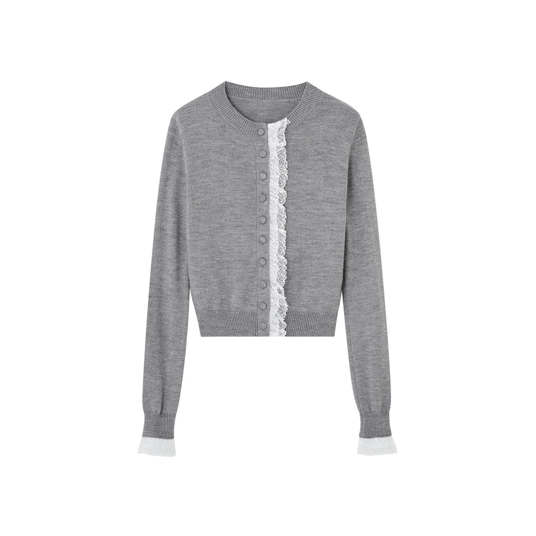 SomeSowe Lace Edge Round-Neck Knit Cardigan Gray