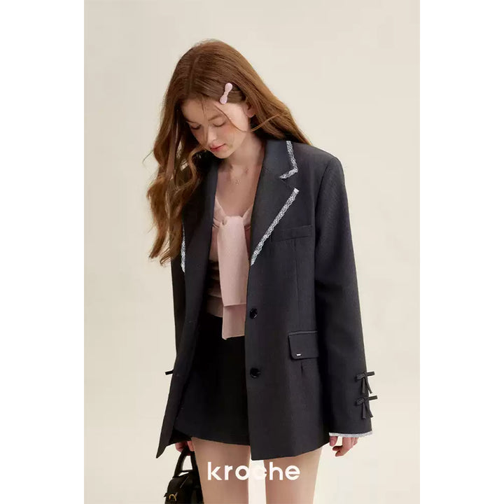 Kroche Blended Woolen Bow Flat Collar Suit Jacket Gray