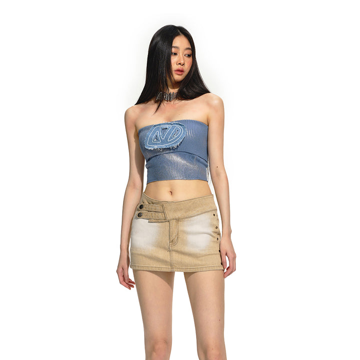 NAWS Embroidered Denim Logo Knit Tube Top Vest Blue