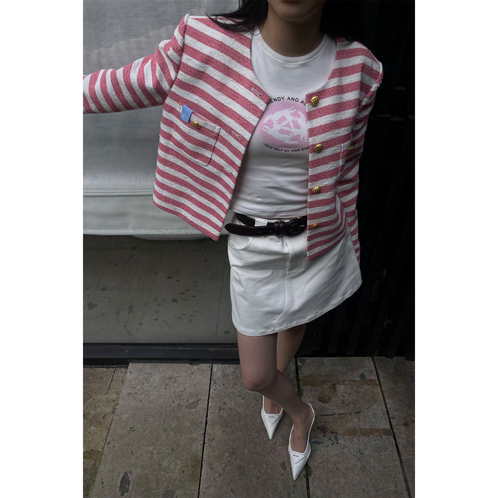 Alexia Sandra Striped Gold Button Cropped Jacket Red - Mores Studio