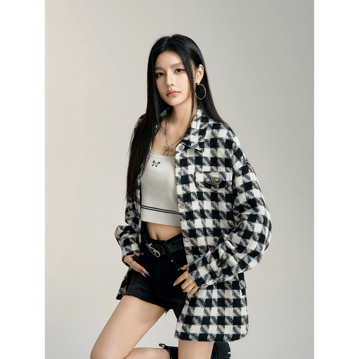 MacyMccoy Plaid Loose Versatile Shirt Jacket Black