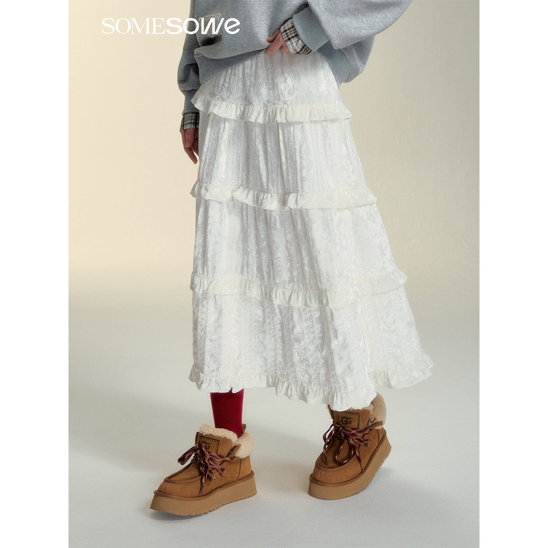 SomeSowe Ruffled Velvet Puffy Long Skirt White