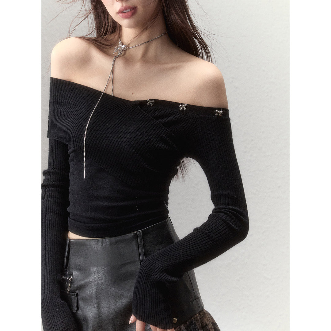 Via Pitti Bow-Knot Pin Off Shoulder Knit Top Black