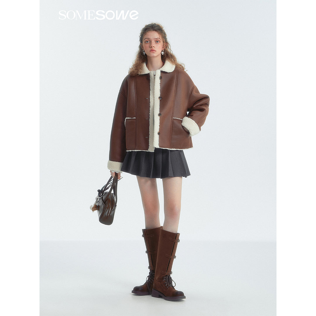 SomeSowe Lapel Leather Integrated Furry Short Jacket Brown