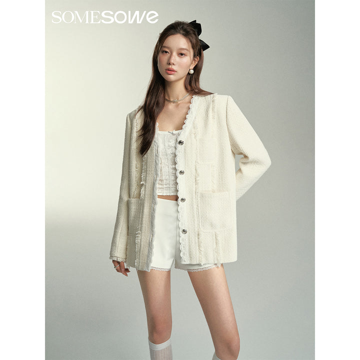 SomeSowe Lace Edge V-Neck Tassel Blazer White