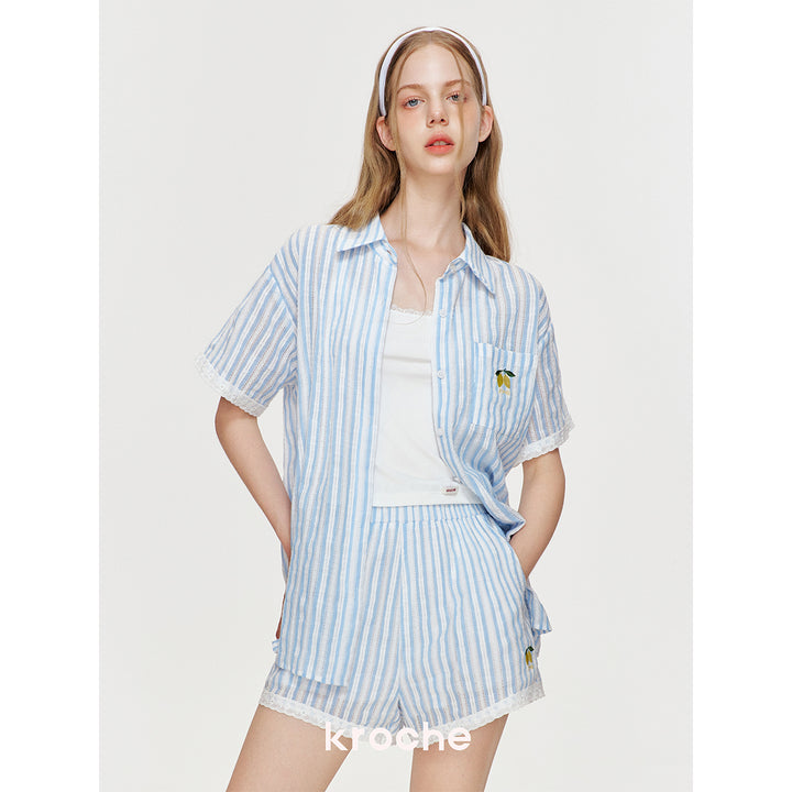 Kroche Lace Edge Hollow Out Striped Embroidery Shirt Blue