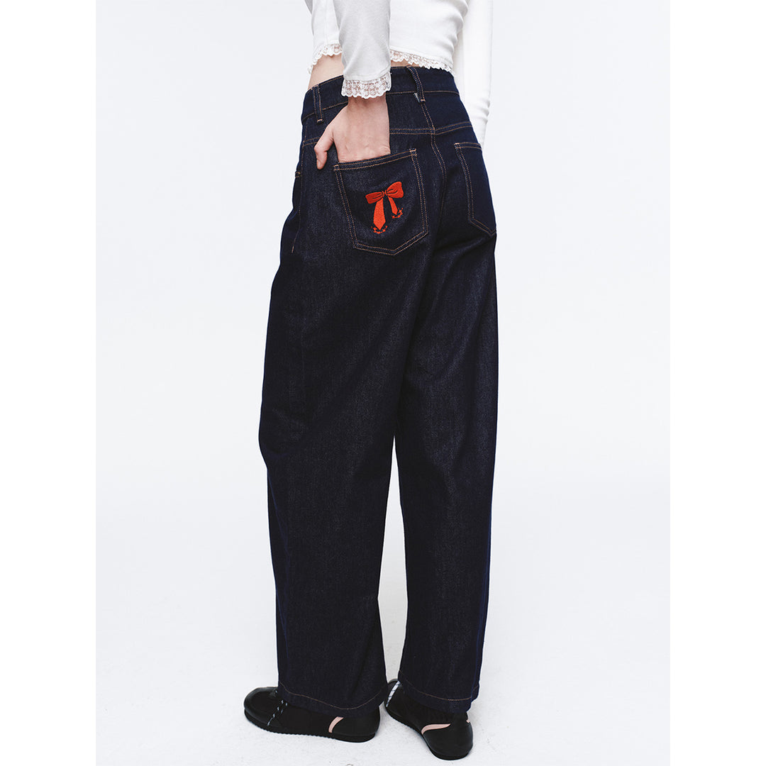 Herlian Embroidery Bow Wide-Leg Denim Pants