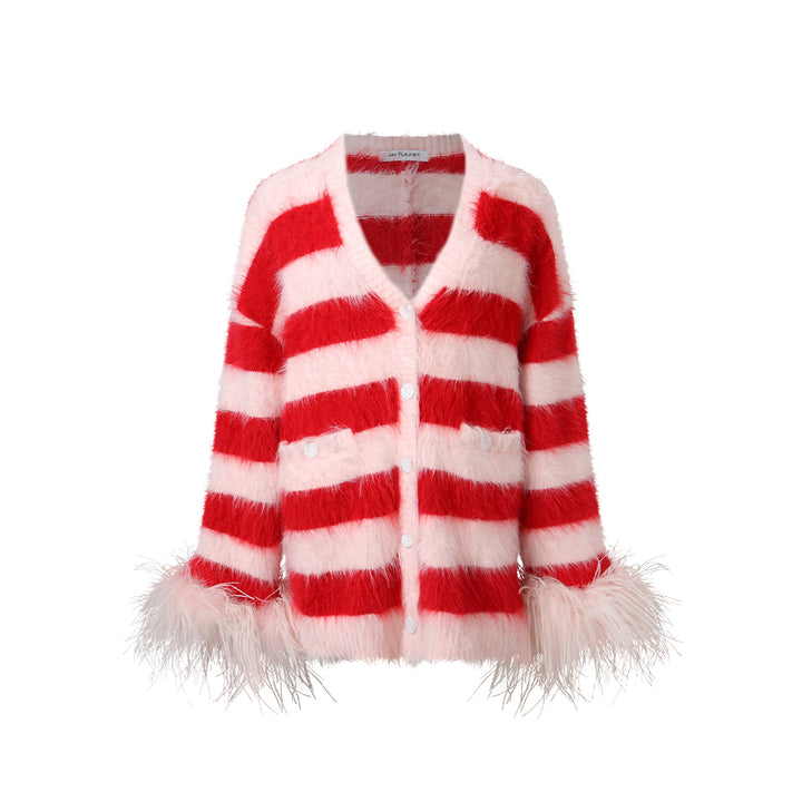 Jac Fleurant Color Blocked Striped Feather Cuff Cardigan White - Mores Studio
