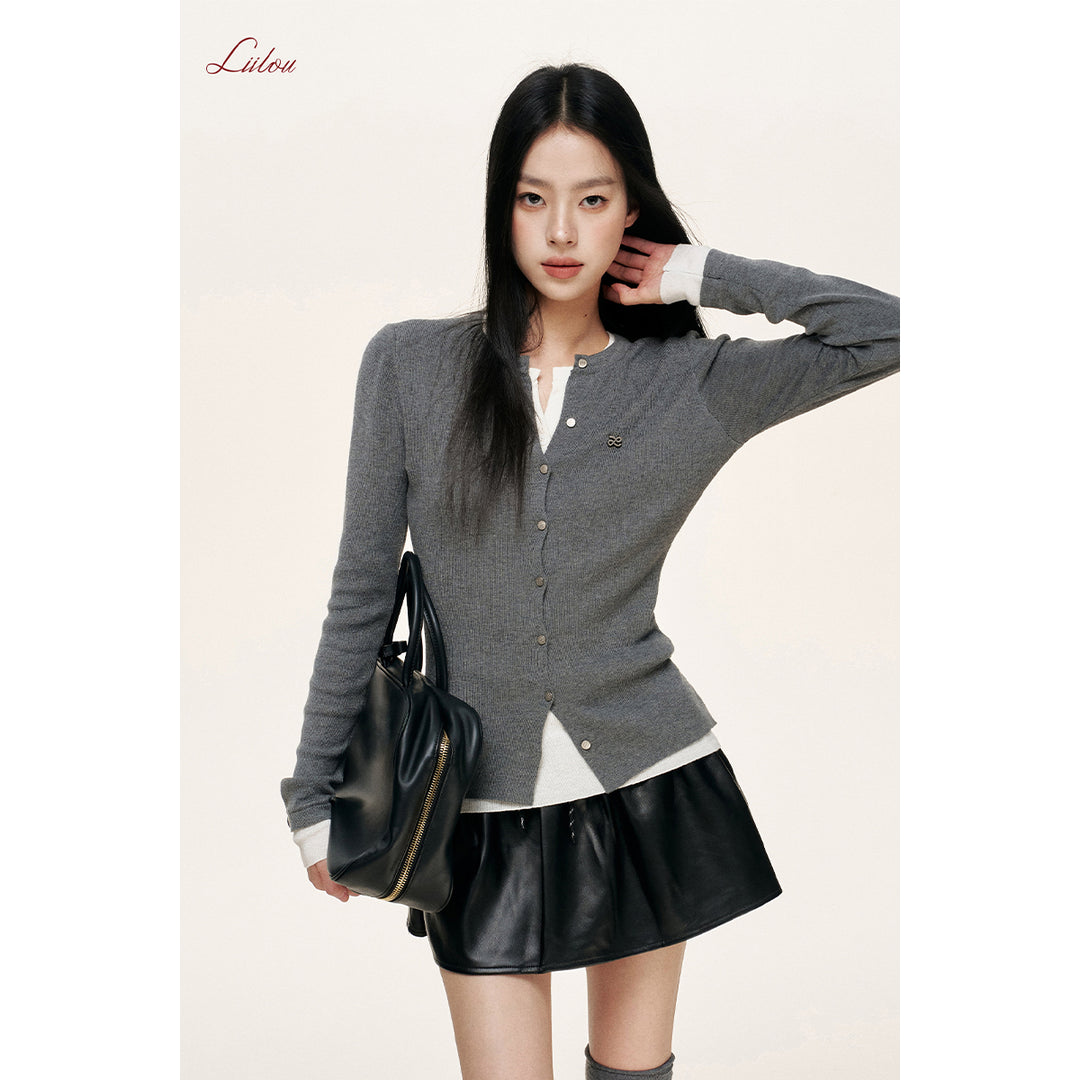 Liilou Fake-2-Piece Contrast Color Slim Knit Top Gray