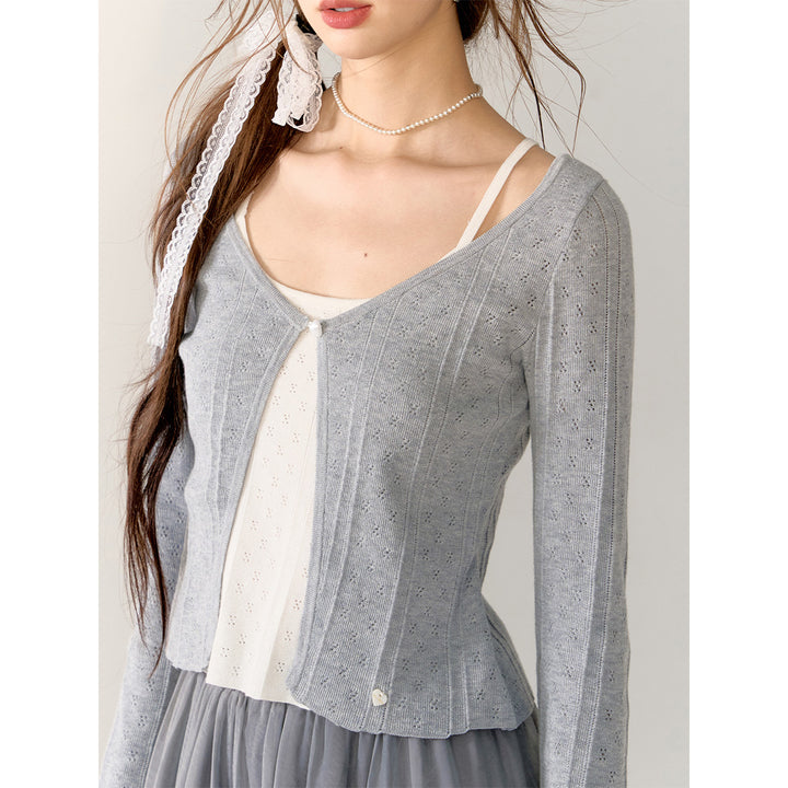 AsGony Contrast Color Fake-2-Piece Slim Cardigan Gray