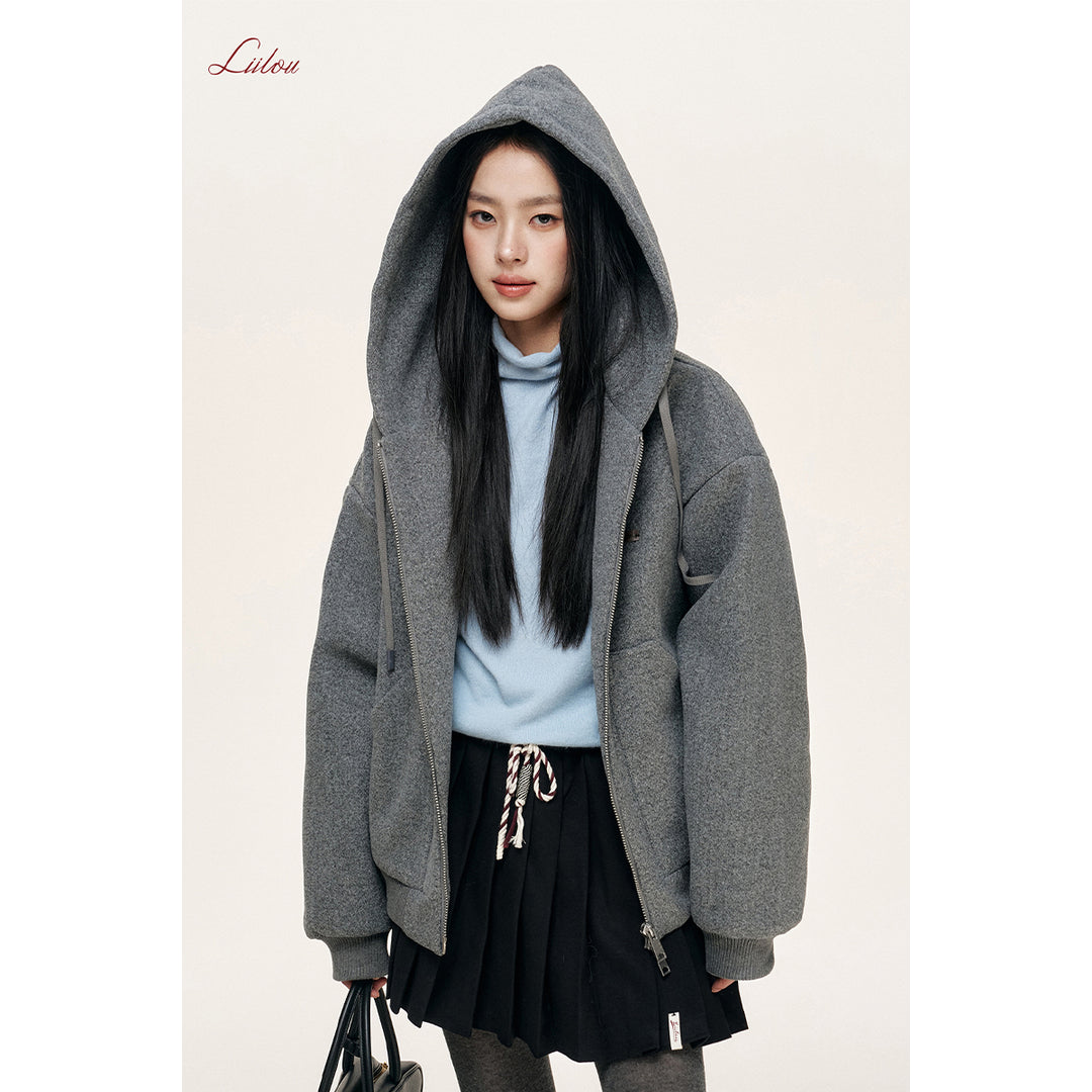 Liilou Tweed Zip Up Oversized Hoodie Gray