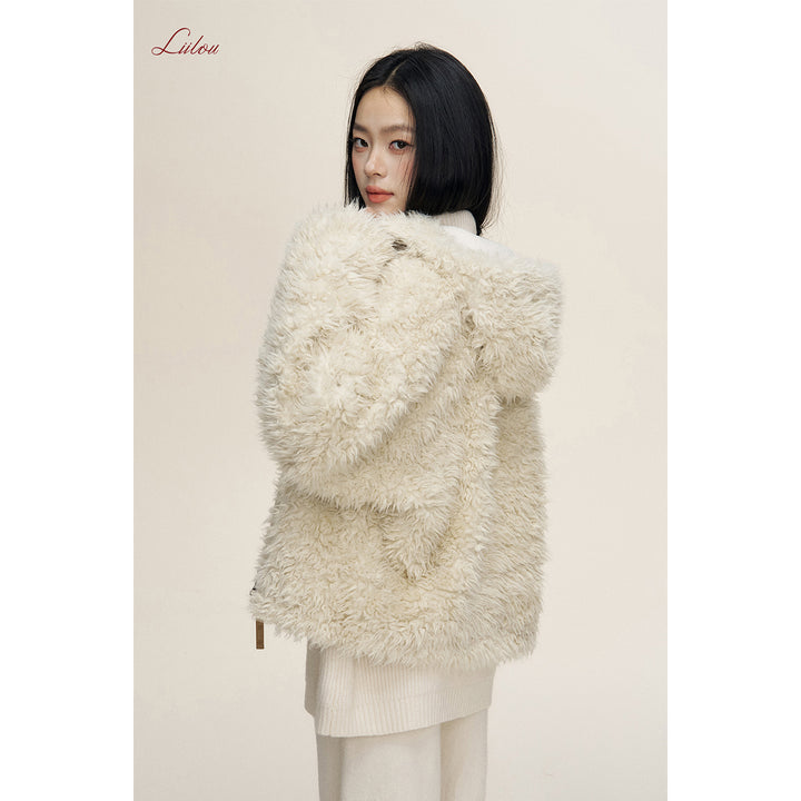 Liilou Fur Integrated Curly-Fur Hooded Woolen Fleece Jacket