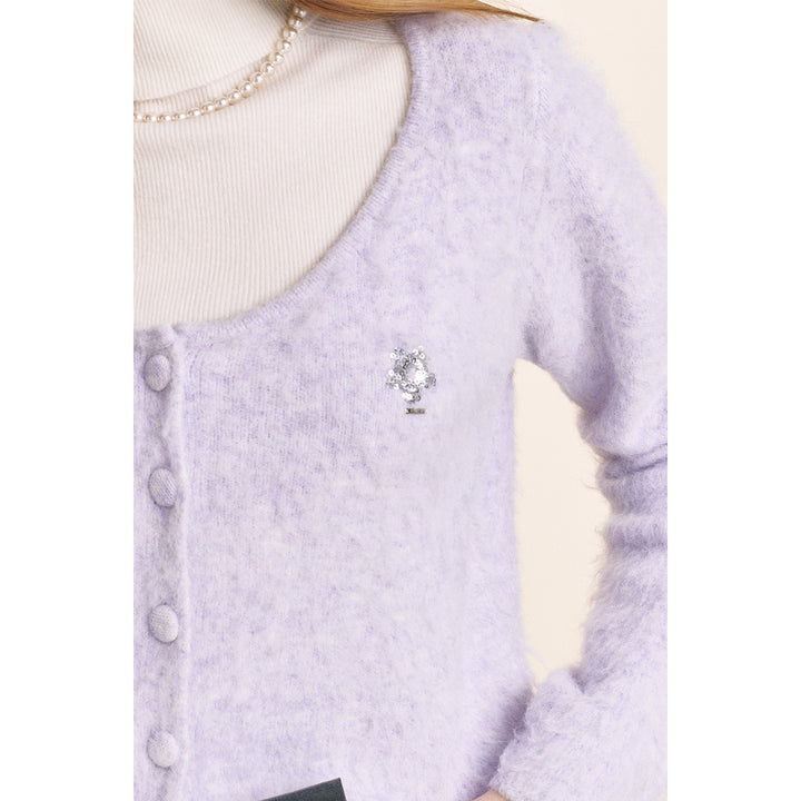 Kroche Sequin Embroidery U-Neck Woolen Cardigan Purple