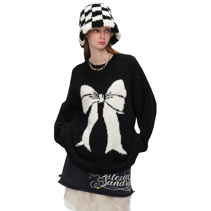 Alexia Sandra Contrast Color Bow Jacquard Knit Sweater Black