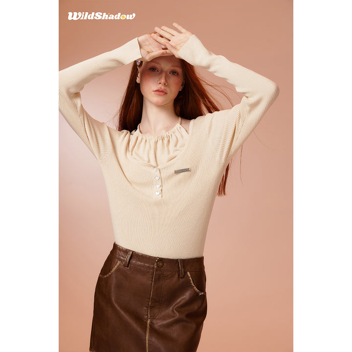 Wildshadow Hollow-Out Fake-2-Piece Knit Top Cream - Mores Studio