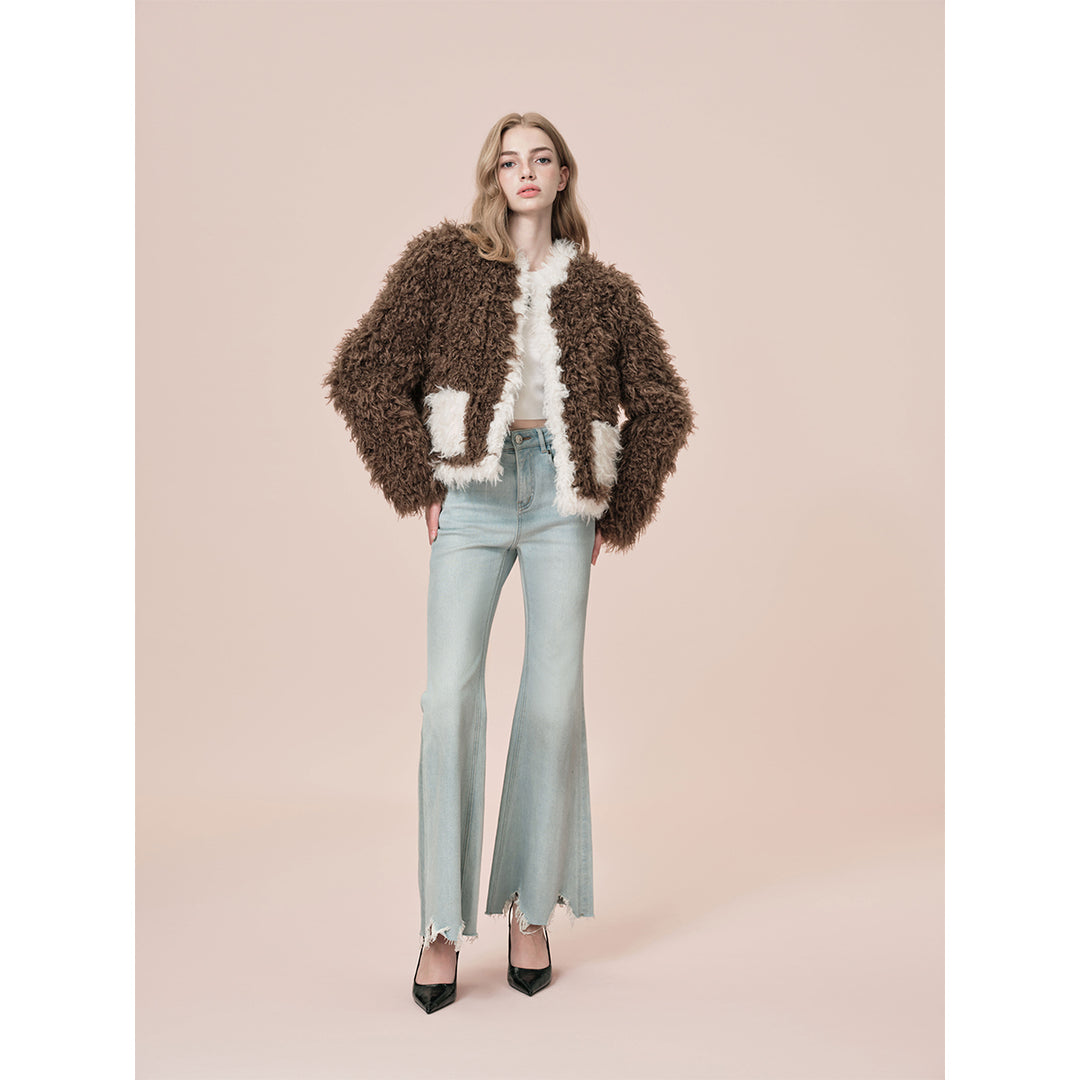 Rocha Roma Color Blocked Curly Fur Jacket Brown