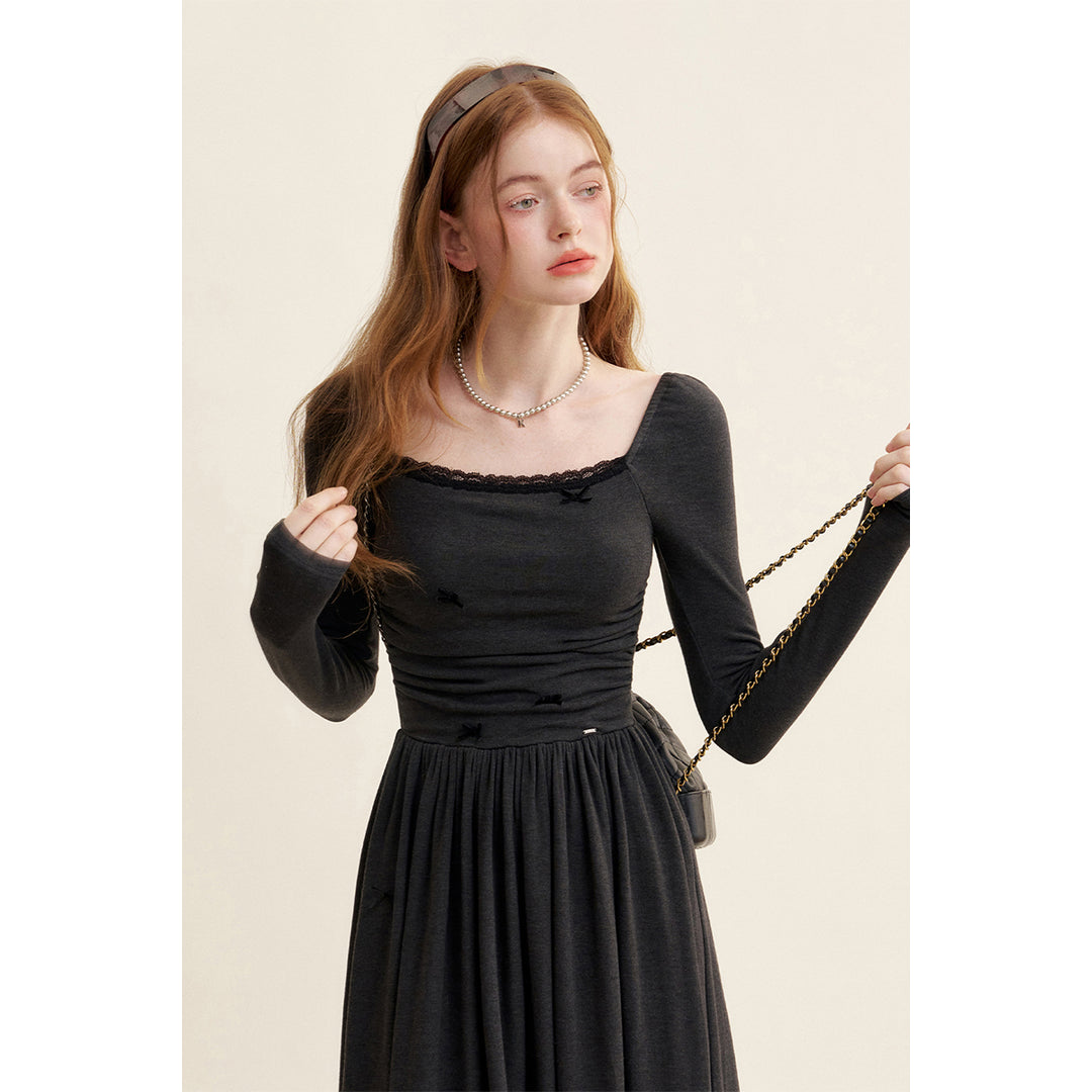 Kroche Velvet Bow Square Neck Waisted Dress Black