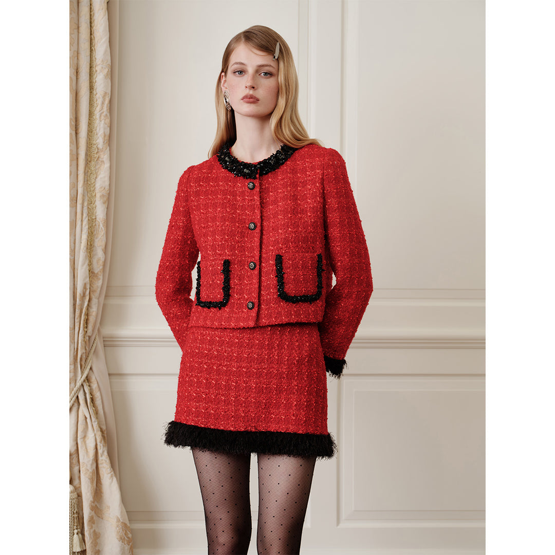 Rocha Roma Color Blocked Fluffy Cuff Jacket Red