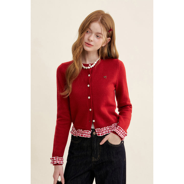 Kroche Stringy Selvedge Plaid Patchwork Knit Cardigan Red