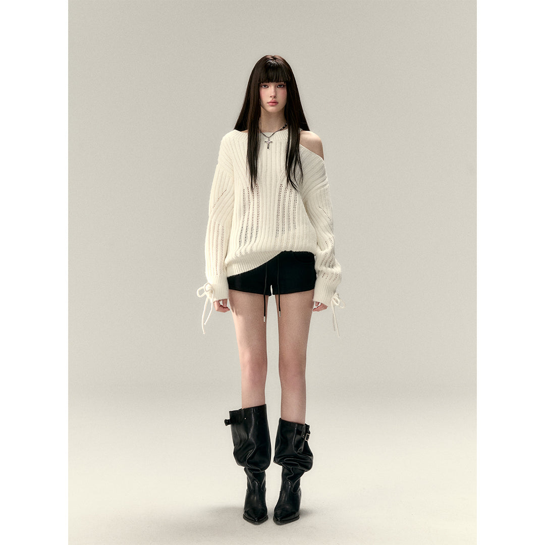 Via Pitti Rose Bow Irregular Collar Two-Way Sweater White