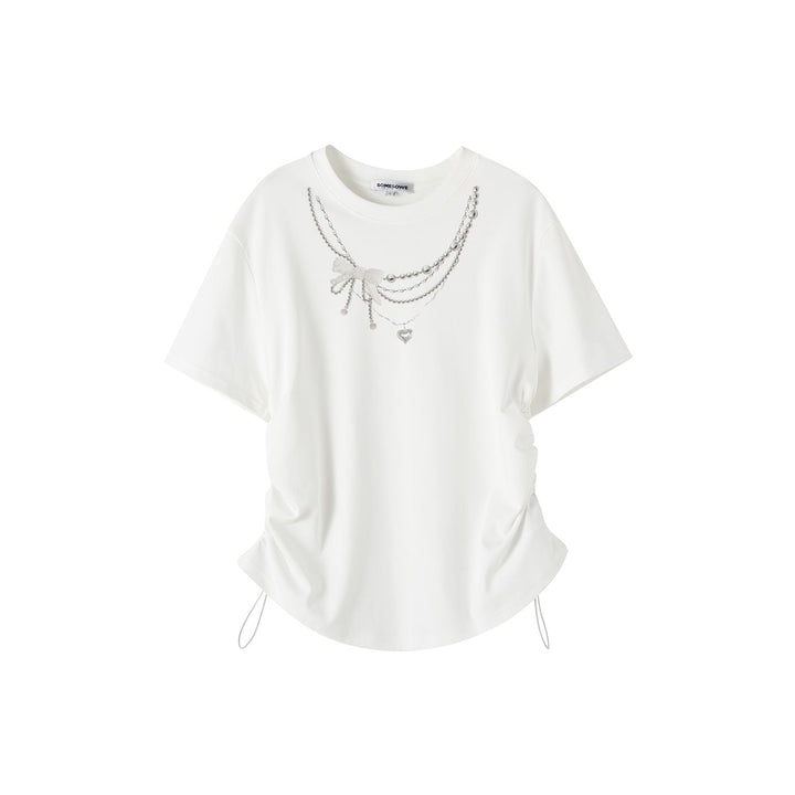 SomeSowe Pearl Necklace Printed Drawstring T-Shirt White