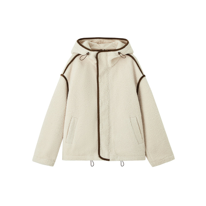 SomeSowe Contrast Color Edge Fleece Hooded Jacket Beige